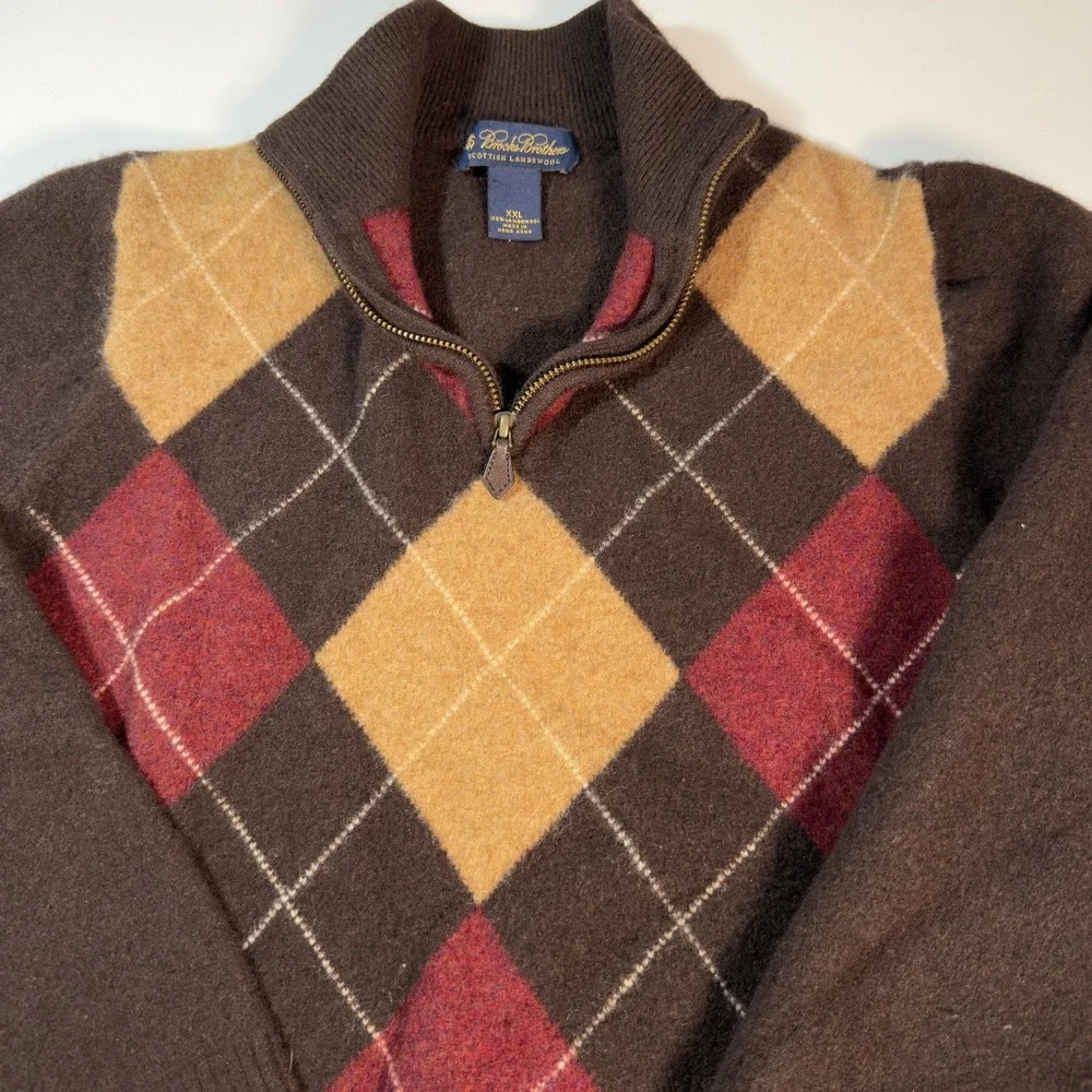 Brooks Brothers Argyle Sweater Kids XXL Brown Excellent Lambswool Quarter-Zip